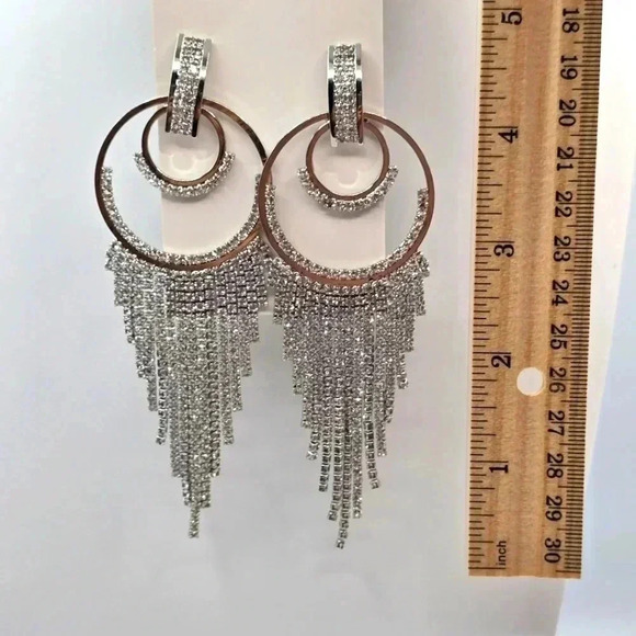 Rhinestone Silver Circle Fringe Dangle Long Earrings Fashion Jewelry Medium E38 - Picture 3 of 3